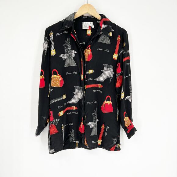 Vintage Baroque Piano Novelty Print 100% Silk Button Down Blouse Medium - Picture 2 of 7